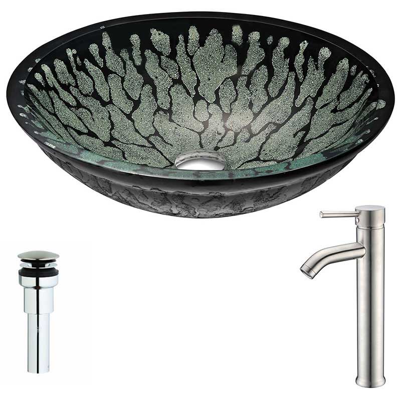 Anzzi Bravo Series Deco-Glass Vessel Sink in Lustrous Black with Fann Faucet in Brushed Nickel