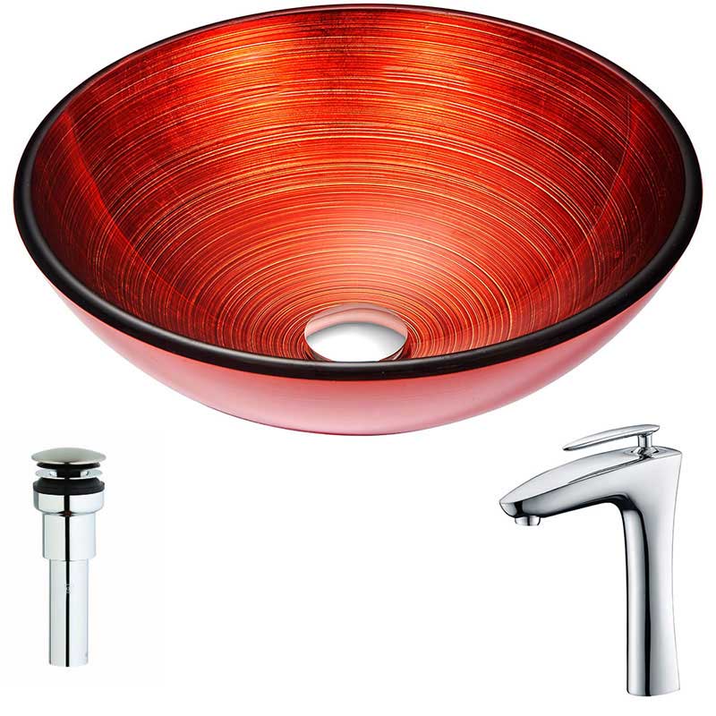 Anzzi Echo Series Deco-Glass Vessel Sink in Lustrous Red with Crown Faucet in Chrome