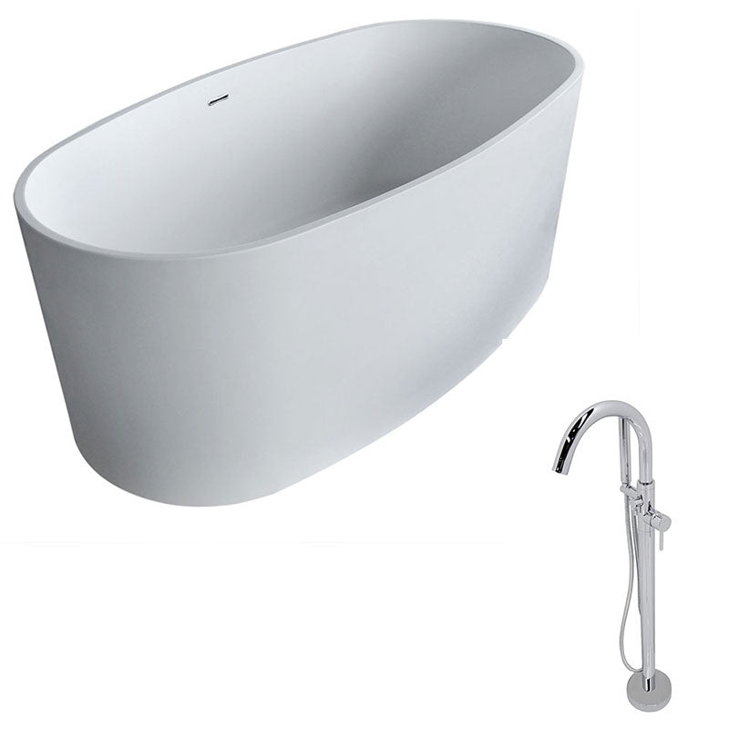 Anzzi Roccia 5.1 ft. Man-Made Stone Freestanding Non-Whirlpool Bathtub in Matte White and Kros Series Faucet in Chrome
