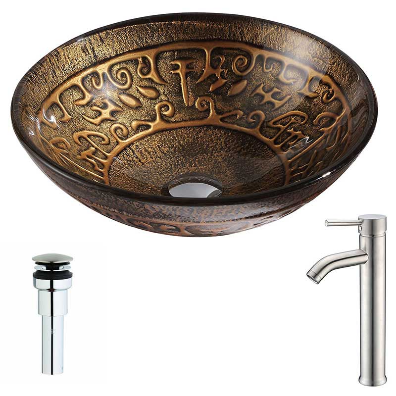 Anzzi Alto Series Deco-Glass Vessel Sink in Lustrous Brown with Fann Faucet in Brushed Nickel