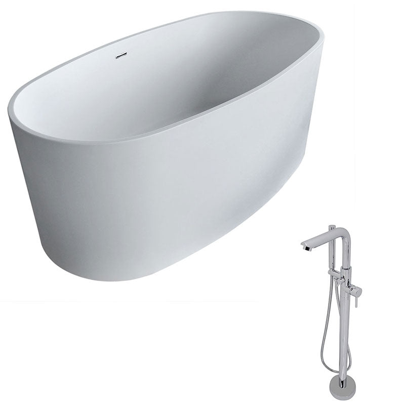 Anzzi Roccia 5.1 ft. Man-Made Stone Freestanding Non-Whirlpool Bathtub in Matte White and Sens Series Faucet in Chrome