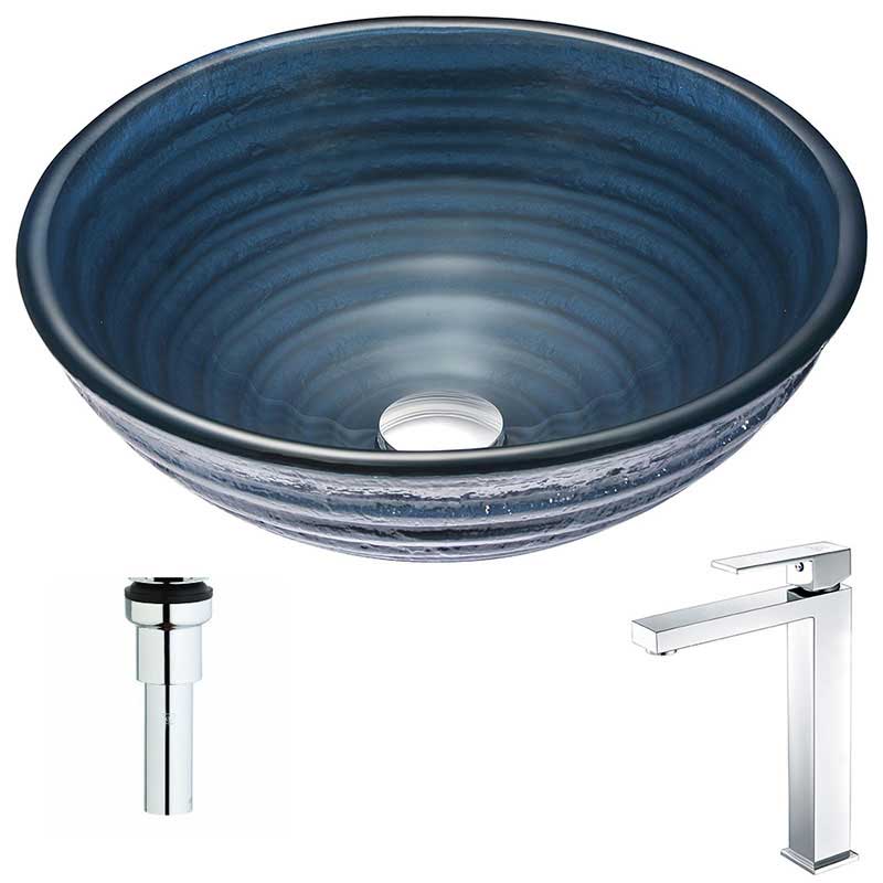 Anzzi Tempo Series Deco-Glass Vessel Sink in Coiled Blue with Enti Faucet in Polished Chrome