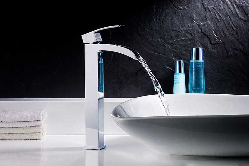 Anzzi Clavier Series Deco-Glass Vessel Sink in Lustrous Blue with Key Faucet in Polished Chrome 3
