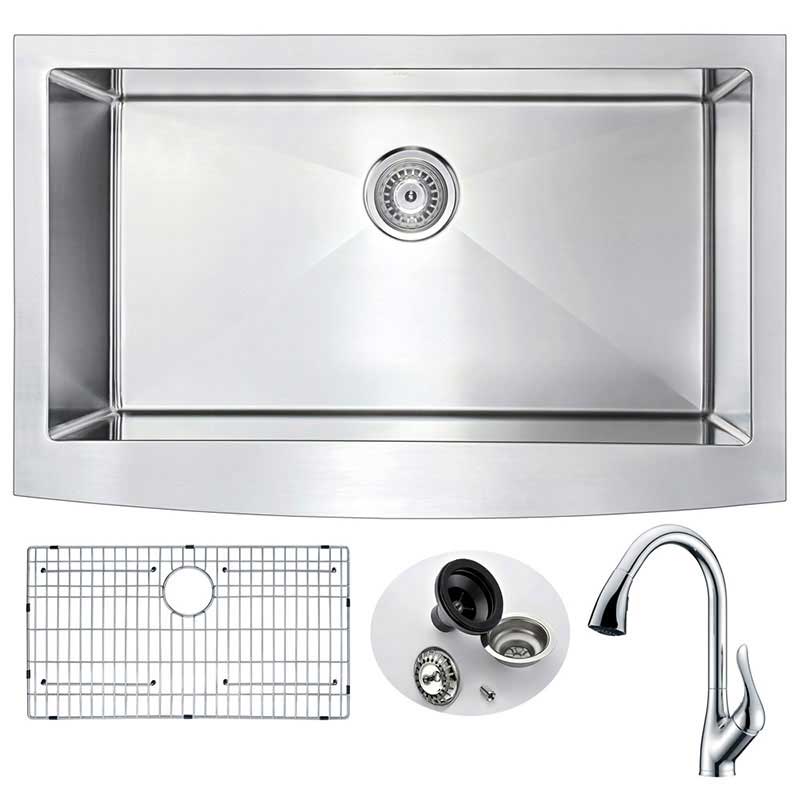 Anzzi ELYSIAN Farmhouse Stainless Steel 36 in. 0-Hole Kitchen Sink and Faucet Set with Accent Faucet in Polished Chrome