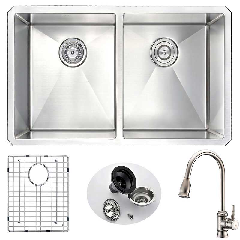 Anzzi VANGUARD Undermount Stainless Steel 32 in. Double Bowl Kitchen Sink and Faucet Set with Sails Faucet in Brushed Nickel