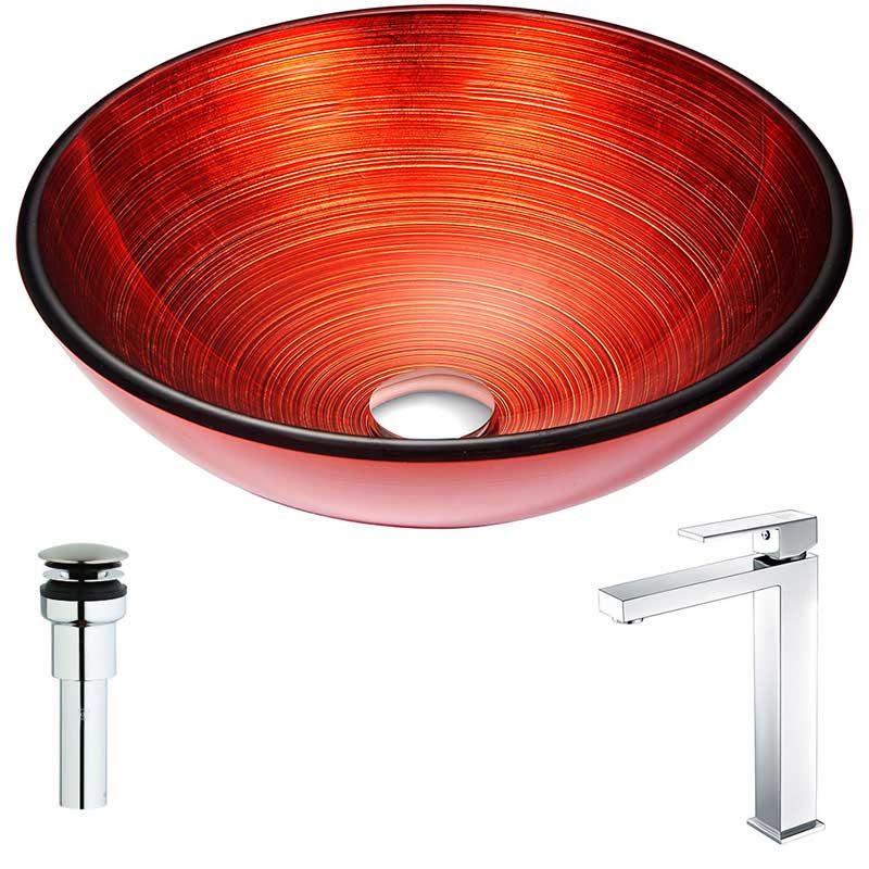 Anzzi Echo Series Deco-Glass Vessel Sink in Lustrous Red with Enti Faucet in Polished Chrome