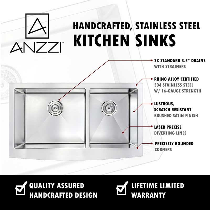 Anzzi ELYSIAN Series 36 in. Farm House 60/40 Dual Basin Handmade Stainless Steel Kitchen Sink 9