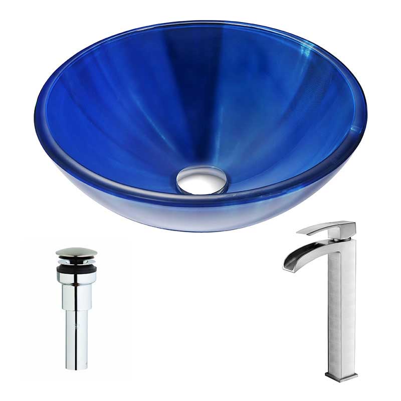 Anzzi Meno Series Deco-Glass Vessel Sink in Lustrous Blue with Key Faucet in Brushed Nickel