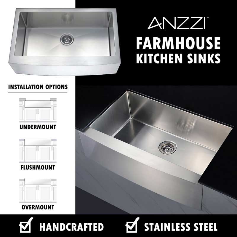 Anzzi ELYSIAN Farmhouse Stainless Steel 36 in. 0-Hole Kitchen Sink and Faucet Set with Locke Faucet in Brushed Nickel 9