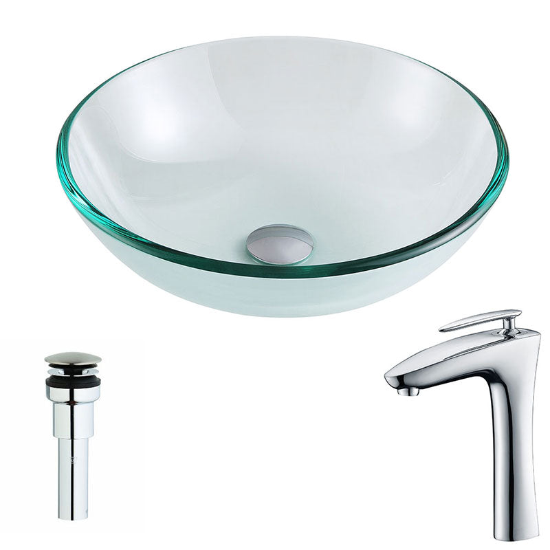 Anzzi Etude Series Deco-Glass Vessel Sink in Lustrous Clear with Crown Faucet in Chrome