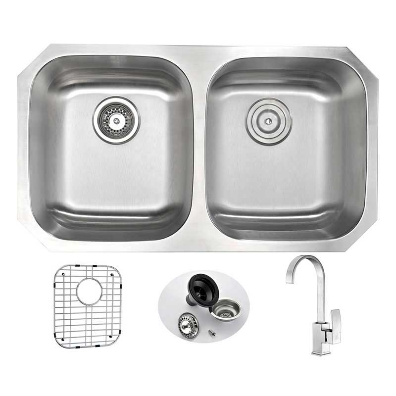 Anzzi MOORE Undermount Stainless Steel 32 in. Double Bowl Kitchen Sink and Faucet Set with Opus Faucet in Brushed Nickel