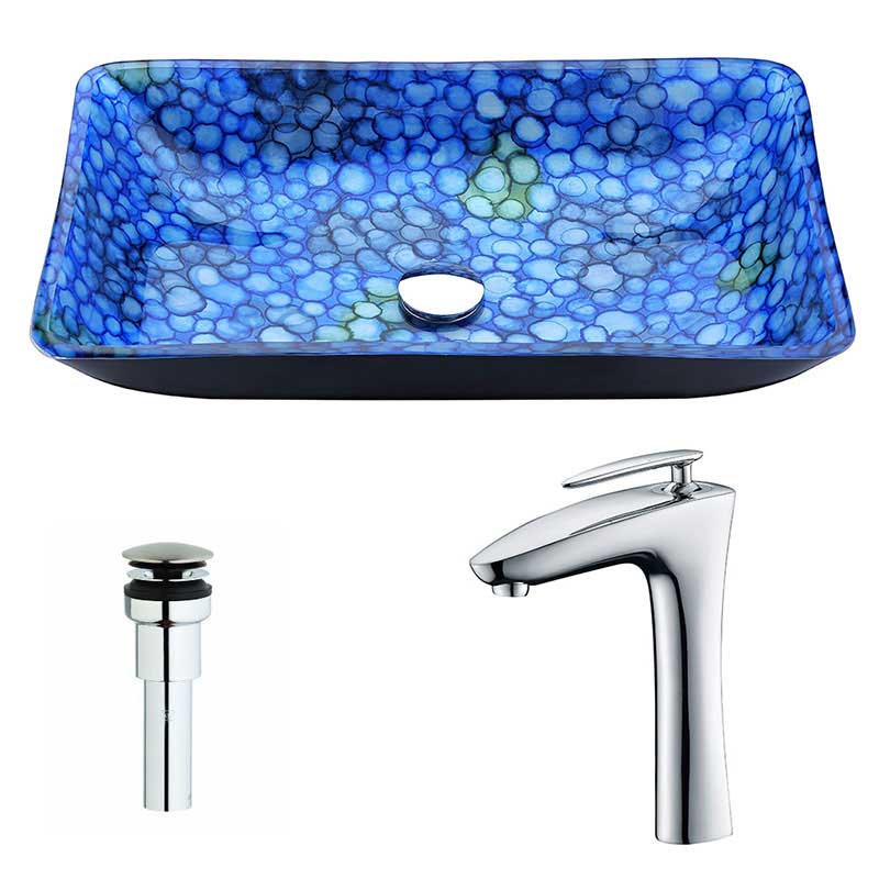 Anzzi Assai Series Deco-Glass Vessel Sink in Lustrous Blue with Crown Faucet in Chrome