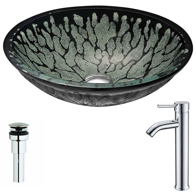 Anzzi Bravo Series Deco-Glass Vessel Sink in Lustrous Black with Fann Faucet in Polished Chrome