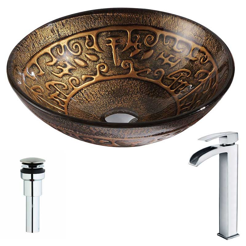 Anzzi Alto Series Deco-Glass Vessel Sink in Lustrous Brown with Key Faucet in Polished Chrome