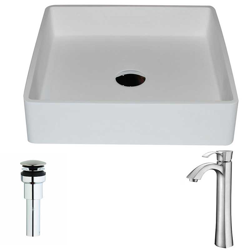 Anzzi Passage One Piece Man Made Stone Vessel Sink in Matte White with Harmony Faucet in Brushed Nickel