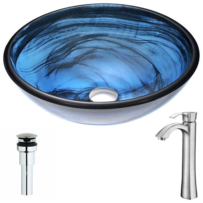 Anzzi Soave Series Deco-Glass Vessel Sink in Sapphire Wisp with Harmony Faucet in Brushed Nickel