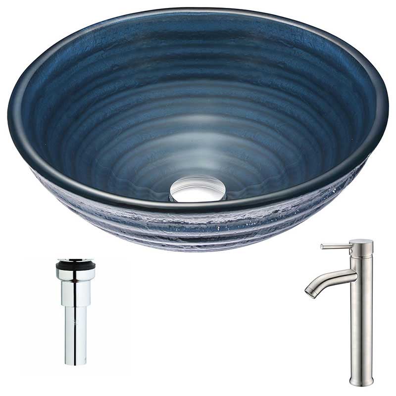 Anzzi Tempo Series Deco-Glass Vessel Sink in Coiled Blue with Fann Faucet in Brushed Nickel