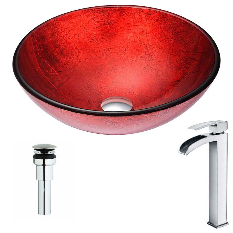 Anzzi Crown Series Deco-Glass Vessel Sink in Lustrous Red with Key Faucet in Polished Chrome