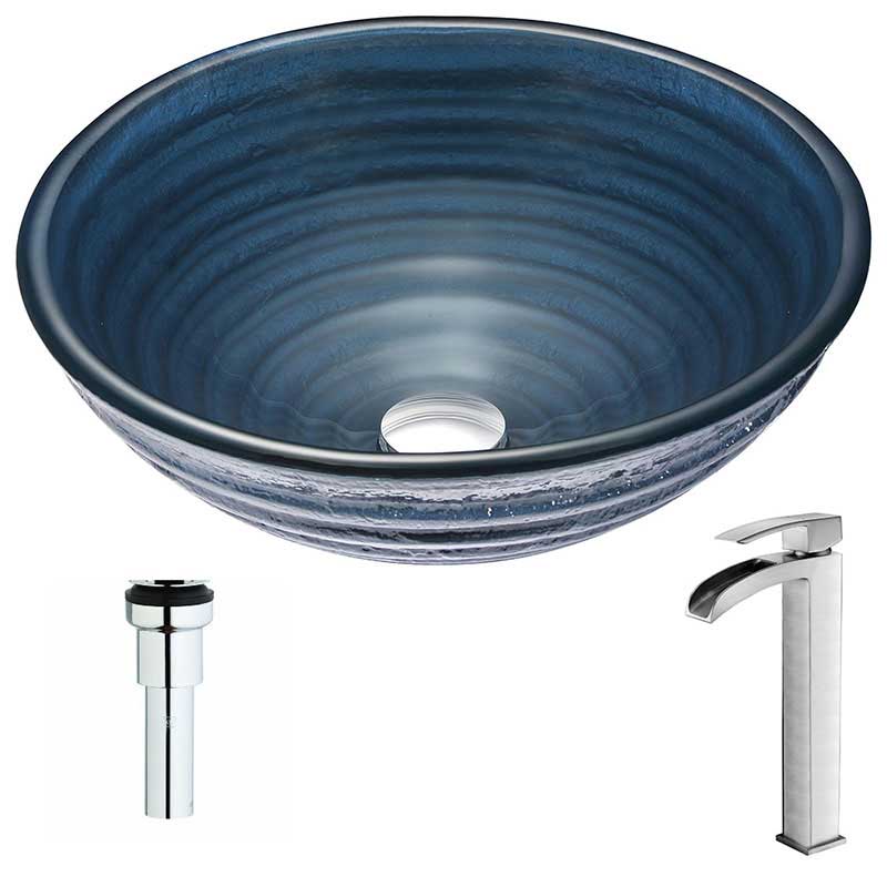 Anzzi Tempo Series Deco-Glass Vessel Sink in Coiled Blue with Key Faucet in Brushed Nickel