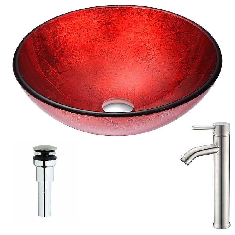 Anzzi Crown Series Deco-Glass Vessel Sink in Lustrous Red with Fann Faucet in Brushed Nickel