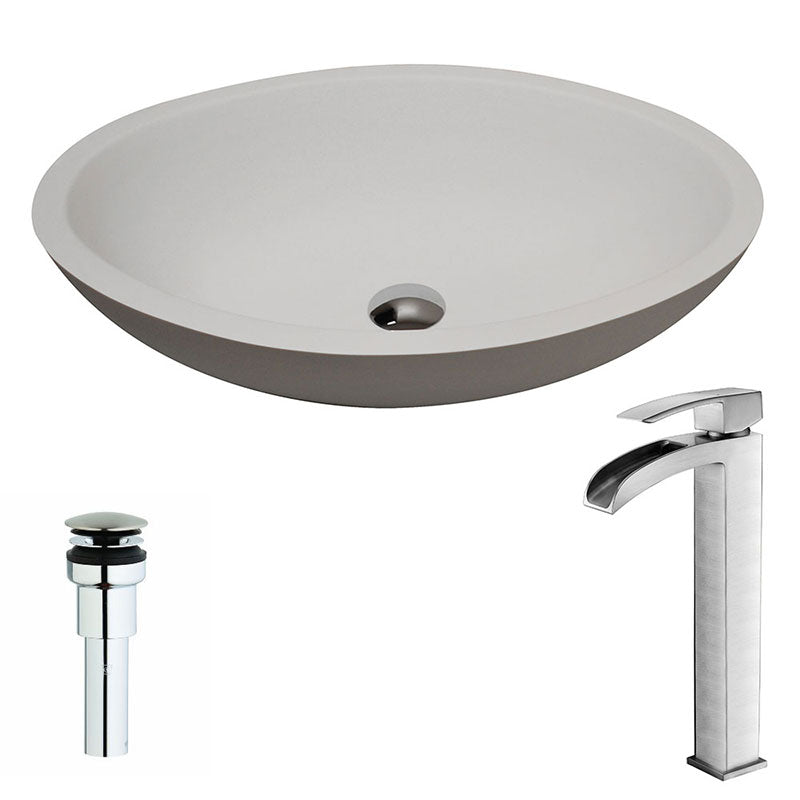 Anzzi Maine Series 1-Piece Man Made Stone Vessel Sink in Matte White with Key Faucet in Brushed Nickel