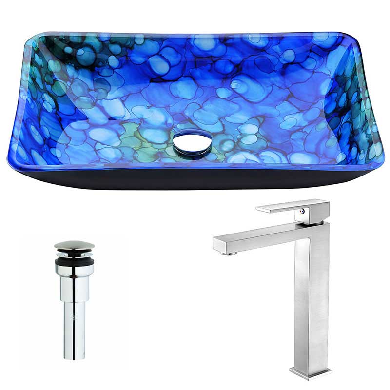Anzzi Voce Series Deco-Glass Vessel Sink in Lustrous Blue with Enti Faucet in Brushed Nickel