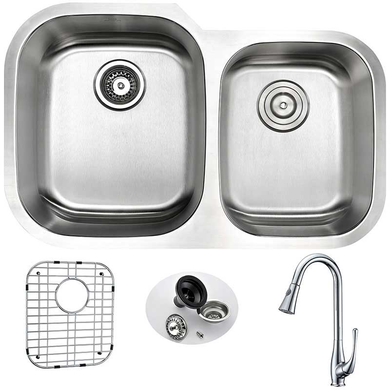 Anzzi MOORE Undermount Stainless Steel 32 in. Double Bowl Kitchen Sink and Faucet Set with Singer Faucet in Polished Chrome