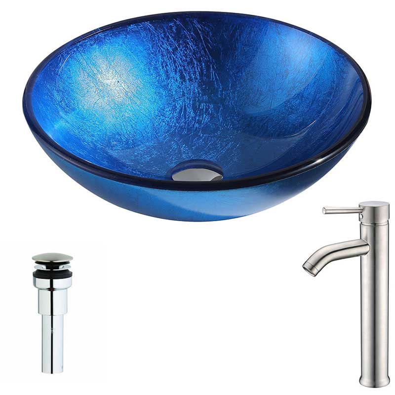 Anzzi Clavier Series Deco-Glass Vessel Sink in Lustrous Blue with Fann Faucet in Brushed Nickel