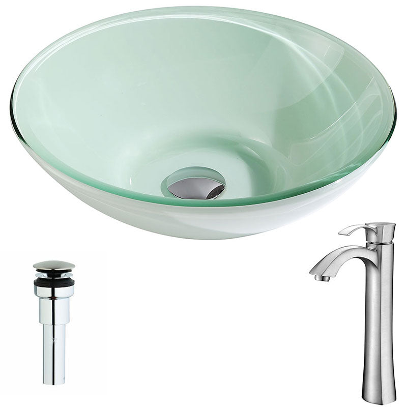 Anzzi Sonata Series Deco-Glass Vessel Sink in Lustrous Light Green Finish with Harmony Faucet in Brushed Nickel