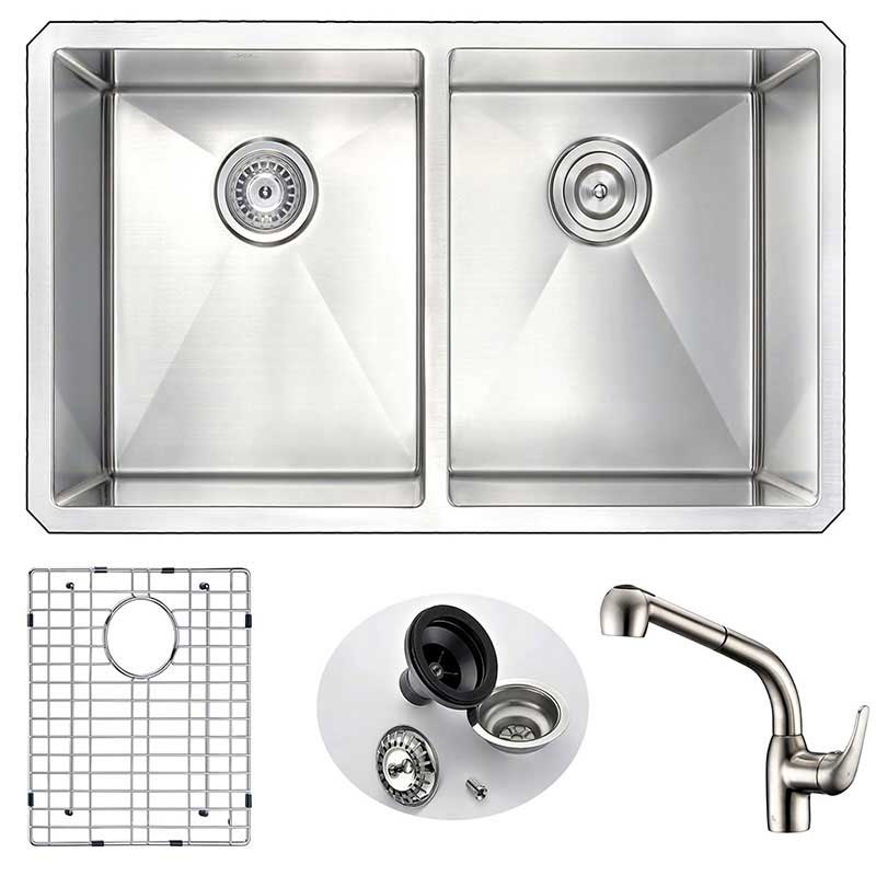 Anzzi VANGUARD Undermount Stainless Steel 32 in. Double Bowl Kitchen Sink and Faucet Set with Harbour Faucet in Brushed Nickel