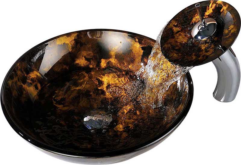 Anzzi Timbre Series Deco-Glass Vessel Sink in Kindled Amber with Matching Chrome Waterfall Faucet
