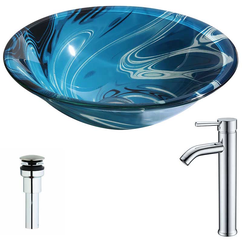 Anzzi Symphony Series Deco-Glass Vessel Sink in Lustrous Dark Blue Finish with Fann Faucet in Chrome