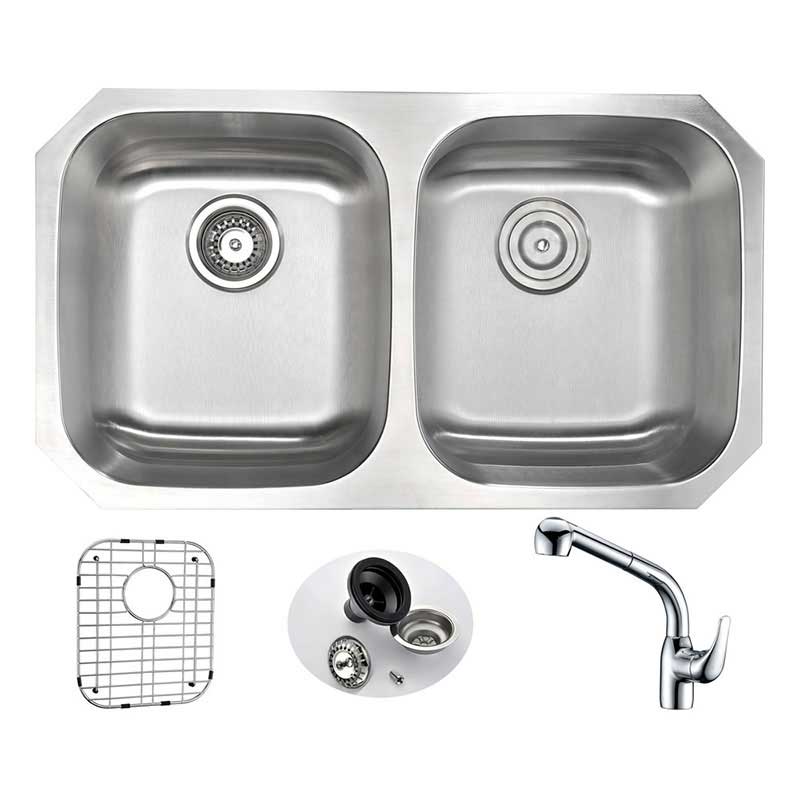 Anzzi MOORE Undermount Stainless Steel 32 in. Double Bowl Kitchen Sink and Faucet Set with Harbour Faucet in Polished Chrome