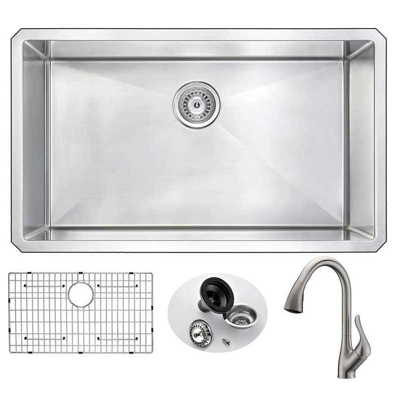 Anzzi VANGUARD Undermount Stainless Steel 32 in. 0-Hole Single Bowl Kitchen Sink with Accent Faucet in Brushed Nickel