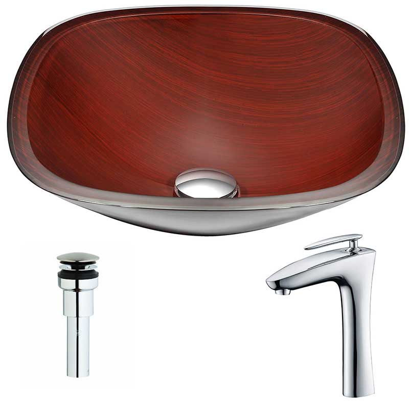 Anzzi Cansa Series Deco-Glass Vessel Sink in Rich Timber with Crown Faucet in Polished Chrome