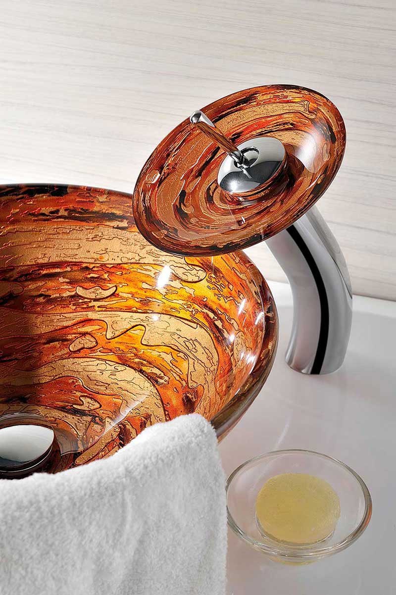 Anzzi Stanza Series Deco-Glass Vessel Sink in Lustrous Brown with Matching Chrome Waterfall Faucet 6
