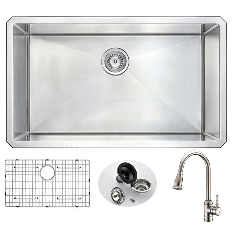 Anzzi VANGUARD Undermount Stainless Steel 32 in. 0-Hole Single Bowl Kitchen Sink with Sails Faucet in Brushed Nickel