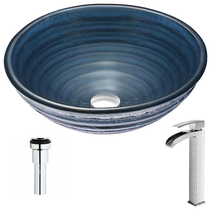 Anzzi Tempo Series Deco-Glass Vessel Sink in Coiled Blue with Key Faucet in Polished Chrome
