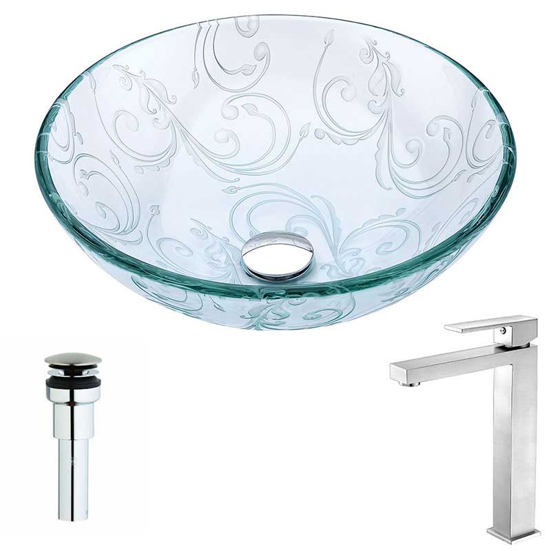 Anzzi Vieno Series Deco-Glass Vessel Sink in Crystal Clear Floral with Enti Faucet in Brushed Nickel