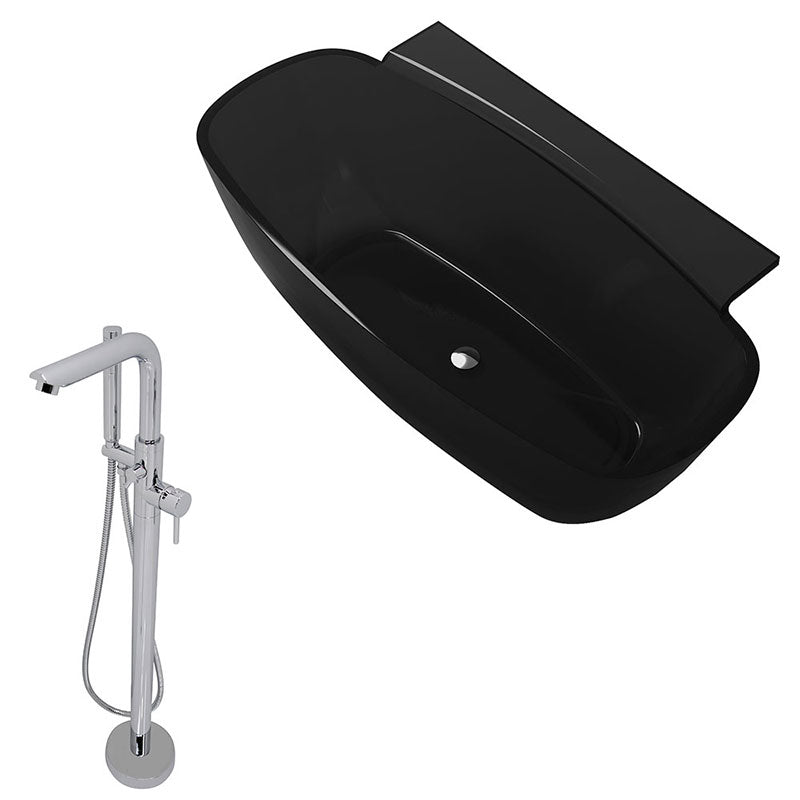 Anzzi Vida 5.2 ft. Man-Made Stone Freestanding Non-Whirlpool Bathtub in Midnight Black and Sens Series Faucet in Chrome