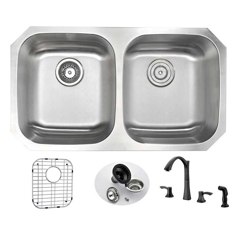 Anzzi MOORE Undermount Stainless Steel 32 in. Double Bowl Kitchen Sink and Faucet Set with Soave Faucet in Oil Rubbed Bronze