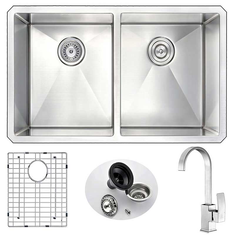Anzzi VANGUARD Undermount Stainless Steel 32 in. Double Bowl Kitchen Sink and Faucet Set with Opus Faucet in Brushed Nickel