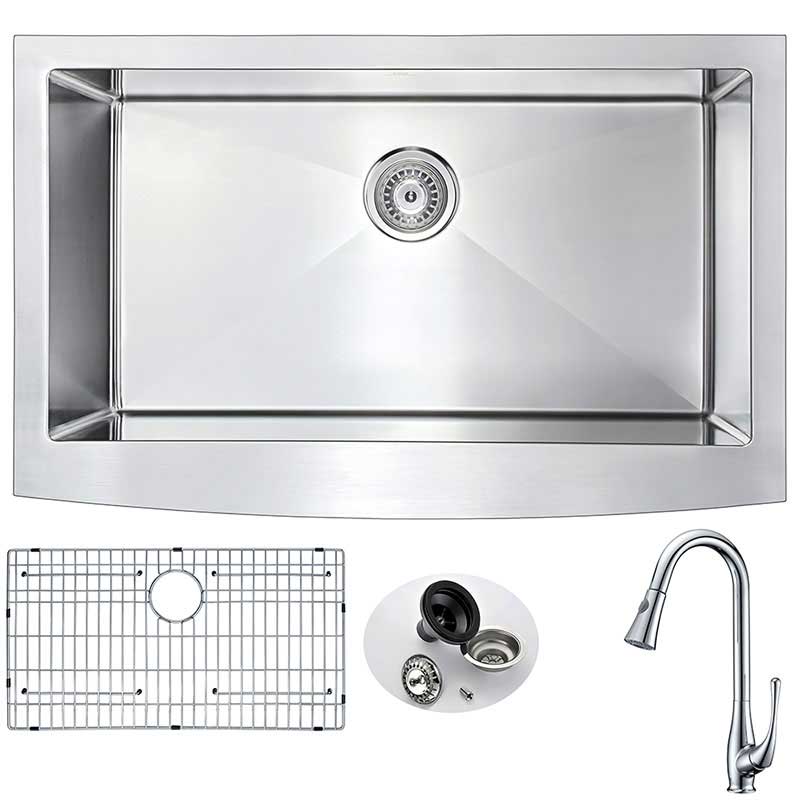 Anzzi ELYSIAN Farmhouse Stainless Steel 32 in. 0-Hole Kitchen Sink and Faucet Set with Singer Faucet in Polished Chrome