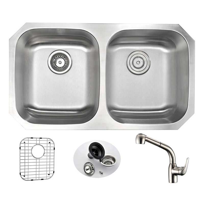 Anzzi MOORE Undermount Stainless Steel 32 in. Double Bowl Kitchen Sink and Faucet Set with Harbour Faucet in Brushed Nickel