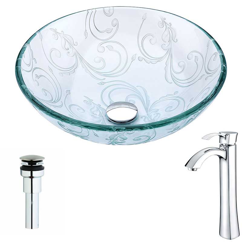 Anzzi Vieno Series Deco-Glass Vessel Sink in Crystal Clear Floral with Harmony Faucet in Chrome