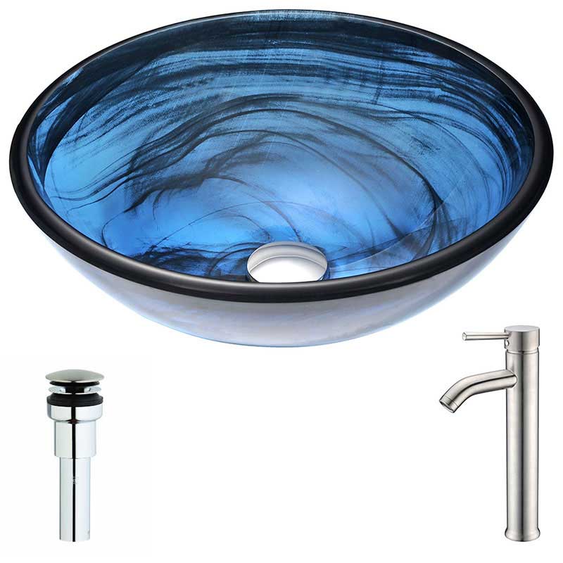 Anzzi Soave Series Deco-Glass Vessel Sink in Sapphire Wisp with Fann Faucet in Brushed Nickel