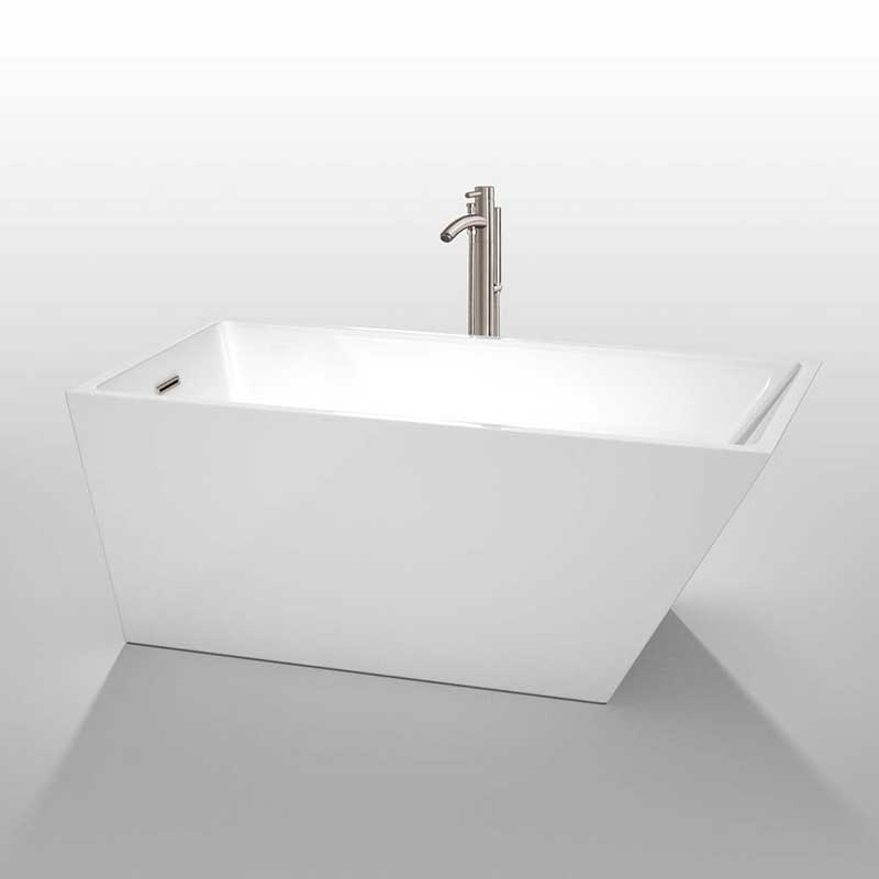 Wyndham Collection Hannah 59 inch Freestanding Bathtub in White with Floor Mounted Faucet, Drain and Overflow Trim in Brushed Nickel 2