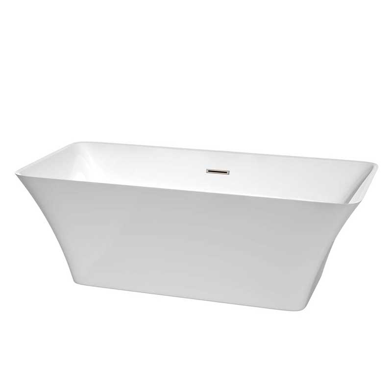 Wyndham Collection Tiffany 67 inch Freestanding Bathtub in White with Brushed Nickel Drain and Overflow Trim
