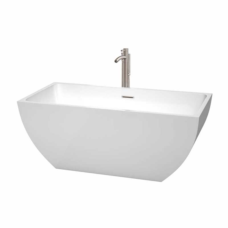 Wyndham Collection Rachel 59 inch Freestanding Bathtub in White with Floor Mounted Faucet, Drain and Overflow Trim in Brushed Nickel