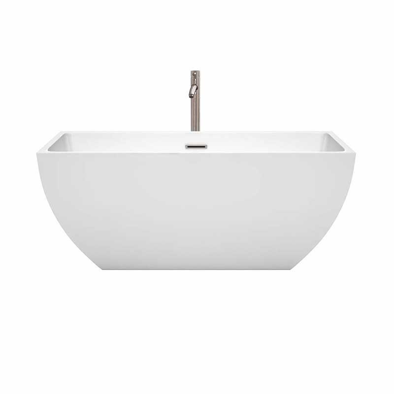 Wyndham Collection Rachel 59 inch Freestanding Bathtub in White with Floor Mounted Faucet, Drain and Overflow Trim in Brushed Nickel 4